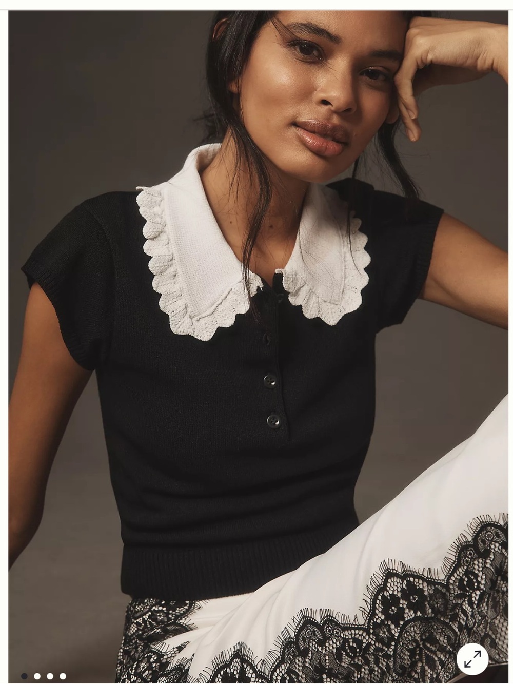 Maeve Anthropologie Black Knit Top with White Scalloped Collar
